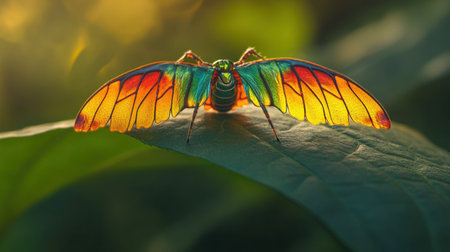 A stunning butterfly displaying a spectrum of colors on its wings rests gracefully on a lush green leaf, illuminated by soft sunlight.の素材