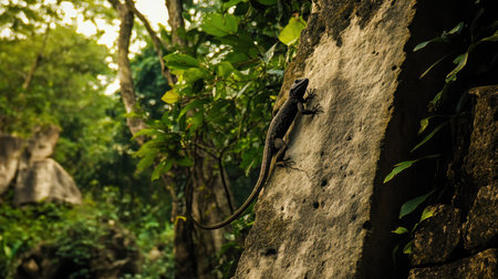 A lizard skillfully climbs a textured rock in its vibrant natural habitat filled with lush greenery. The setting showcases wildlife in serene surroundings.の素材