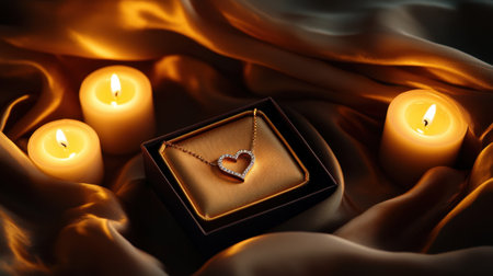 A captivating heart pendant necklace displayed elegantly on silk fabric surrounded by glowing candles, perfect for romantic celebrations and memorable gifts.の素材