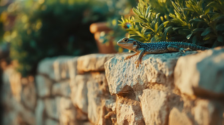 A striking lizard rests on a sunlit rock wall, surrounded by lush green plants, showcasing the beauty of nature and wildlife in a tranquil outdoor setting.の素材