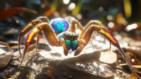 A stunning close-up of a vibrant spider showcasing iridescent colors and intricate patterns, set in a lush natural habitat with soft lighting.の素材
