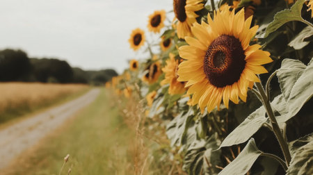 A stunning close-up view of vibrant sunflowers basking in sunlight along a scenic country path. This image captures the essence of summer beauty.の素材
