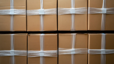 A collection of stacked brown cardboard boxes, tightly bundled with straps, organized neatly in a warehouse. Ideal for shipping and storage imagery.の素材