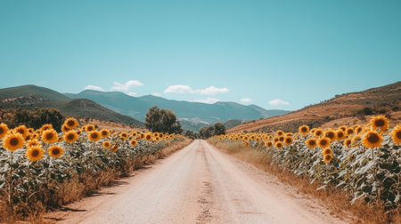 A serene dirt road lined with beautiful sunflowers stretches towards the distant mountains under a clear blue sky, capturing the essence of summer tranquility.の素材