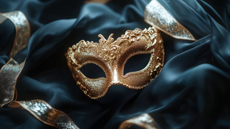 This stunning image captures an elegant golden mask resting on rich black fabric, surrounded by soft glowing ribbons, perfect for festive occasions and creative projects.の素材
