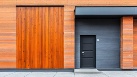 This image showcases a modern architectural facade featuring warm wooden panels against a sleek gray wall, accentuating urban design elements.の素材
