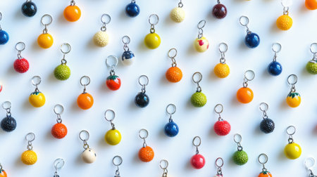 A vibrant assortment of fruit-shaped keychains arranged neatly on a white surface, perfect for inspiration in crafts, accessories, or gift ideas.の素材
