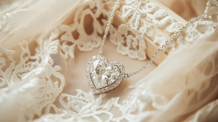 A stunning heart-shaped pendant necklace resting on soft lace fabric, perfect for capturing romantic moments or special occasions. The jewel sparkles beautifully.の素材
