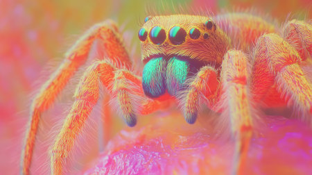 This captivating close-up showcases a spider in brilliant colors and intricate details, highlighting the beauty of nature's small creatures.の素材