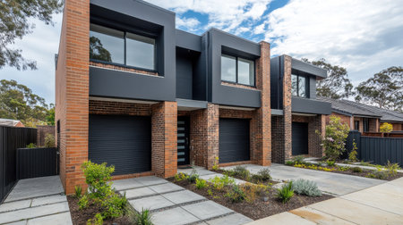 This image showcases a striking modern townhouse design with clean lines and brick facades, highlighting contemporary residential architecture. The lush landscaping complements the urban environment, creating an inviting atmosphere.の素材