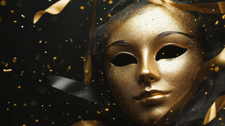 This stunning image features an elegant golden mask adorned with a dark veil and surrounded by golden confetti and ribbons on a black background, evoking a sense of mystery and celebration.の素材