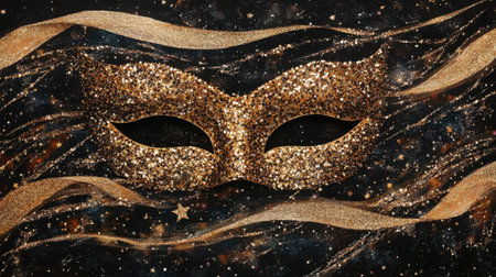 A stunning glittery gold mask placed against a dark cosmic background filled with shimmering stars and soft ribbons, perfect for festive projects and events.の素材