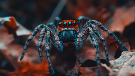 This stunning close-up captures a spider in vibrant colors as it navigates through autumn leaves, showcasing intricate details and textures of its body.の素材