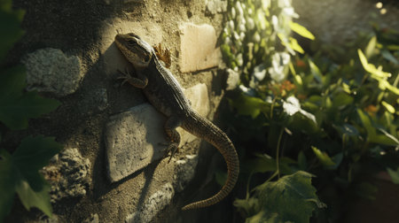 A lizard elegantly climbs a textured stone wall, basking in soft sunlight amidst vibrant greenery, showcasing the beauty of natureの素材