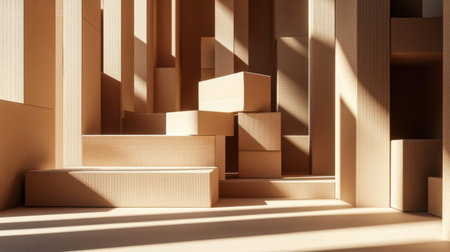This image features an abstract composition of cardboard boxes arranged in a modern indoor space, with natural light casting soft shadows. The warm tones and geometric shapes create a visually appealing environment, ideal for concepts related to design, minimalism, and interior aesthetics.の素材