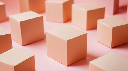 A collection of soft peach colored cubes arranged on a smooth pink background, creating a harmonious and minimalist aesthetic perfect for creative projects.の素材