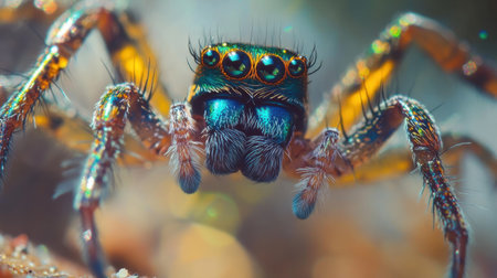 A mesmerizing close-up of a colorful spider showcasing intricate details of its eyes and body. The vibrant colors capture the essence of natural beauty.の素材