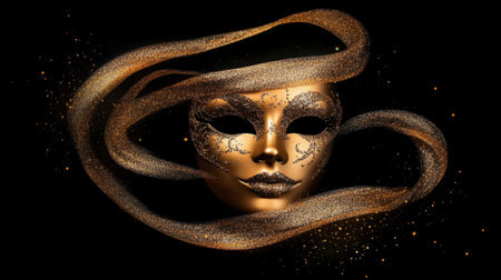 This striking image features an elegant golden mask adorned with glittering details and flowing ribbons, set against a dark background. Perfect for festive art.の素材