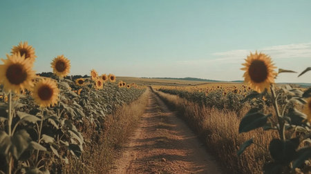 A beautiful dirt pathway meanders through a vibrant sunflower field, inviting visitors to immerse themselves in natural beauty under a clear blue sky.の素材