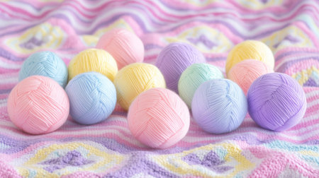 A beautiful collection of pastel-colored yarn balls arranged on a cozy patterned blanket. Perfect for inspiring creativity in craft projects or home decor.の素材