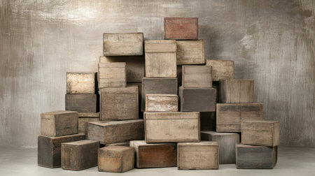 A visually appealing arrangement of vintage wooden boxes stacked in varied sizes, showcasing natural textures and colors for versatile decor options.の素材