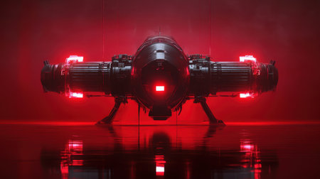 A striking futuristic spacecraft featuring bold red neon lights set against a dark background, evoking mystery and advanced technology in design.の素材