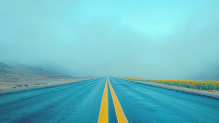 A tranquil empty road stretches into the distance amidst a misty landscape, with vibrant sunflowers blooming alongside, evoking a sense of peaceful adventure.の素材