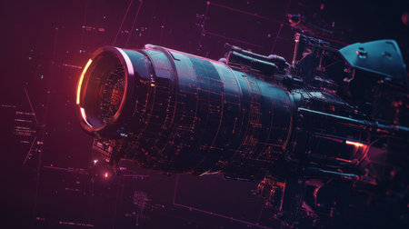 This stunning artwork features a futuristic spacecraft engine with vibrant neon colors, surrounded by abstract technological elements and grid visuals.の素材