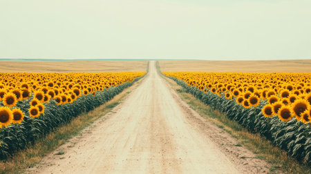 A stunning rural landscape showcases a vibrant field of sunflowers bordering a dusty dirt road under a bright blue sky, evoking serenity and nature's beauty.の素材