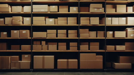 A well-organized warehouse storage space showcasing shelves filled with cardboard boxes, perfect for inventory management and business operations.の素材