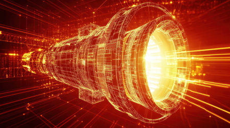 This stunning digital artwork showcases a rocket engine emitting a powerful energy beam. Abstract light trails enhance the dynamic tech vibe.の素材
