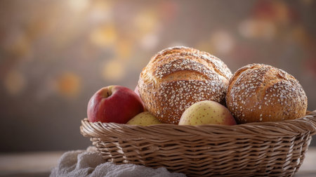 A charming arrangement of freshly baked bread rolls alongside juicy red and yellow apples in a rustic basket. Perfect for autumn themes and cozy meals.の素材