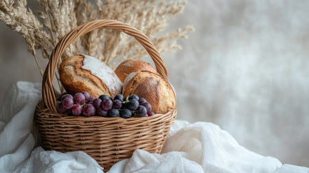 A beautiful arrangement featuring fresh bread and grapes in a rustic basket, set against a soft background with natural decor elements, perfect for culinary themes.の素材