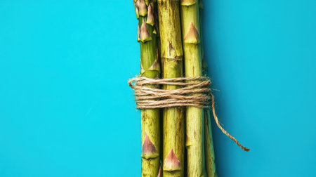Fresh green asparagus is beautifully bundled with twine, showcasing its vibrant color against a bright blue background, ideal for healthy cooking ideas.の素材