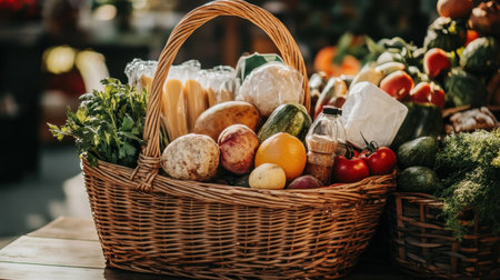 A beautifully arranged basket filled with an array of fresh vegetables, fruits, and herbs, showcasing natural textures and colors in a warm setting.の素材