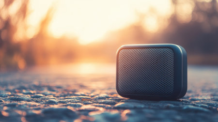 A compact Bluetooth speaker rests on a stone pathway during sunset, surrounded by a soft, blurred nature backdrop, embodying leisure and relaxation.の素材