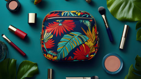 This vibrant floral makeup bag is artistically arranged with various cosmetic products on a striking aqua background, showcasing beauty essentials.の素材