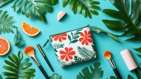 This vibrant tropical floral makeup bag is set against an aqua background, surrounded by makeup brushes and tropical leaves, perfect for beauty enthusiasts.の素材