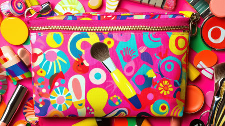 A vibrant cosmetic bag featuring playful patterns is surrounded by an array of colorful makeup products, creating a cheerful beauty scene.の素材