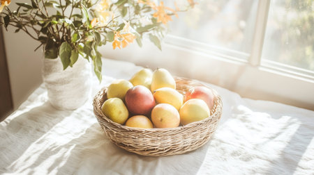 A beautiful assortment of freshly harvested apples in a woven basket, placed on a sunlit table beside a flowering plant, showcasing a vibrant and cozy kitchen.の素材