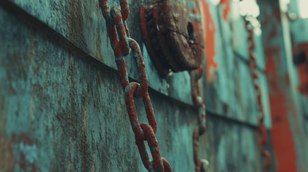 This close-up image showcases a rusty chain resting on a weathered metal surface, highlighting the rugged details of maritime equipment and industrial design.の素材