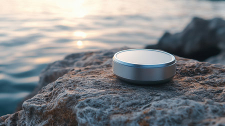 A sleek silver container rests on a textured rock by the water, reflecting the warm hues of a sunset. The peaceful scene captures nature's beauty and tranquility.の素材