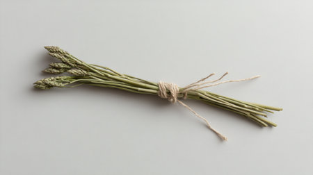 A visually appealing image featuring a bundle of fresh asparagus stalks tied with natural twine, perfect for culinary and health-related content.の素材