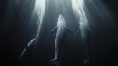 Experience the majestic beauty of whales swimming gracefully in deep ocean waters, illuminated by sunlight streaming through the surface. This serene scene captures the elegance of marine wildlife in its natural habitat.の素材