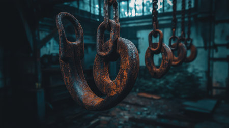 This image captures rusty hooks hanging in an abandoned industrial warehouse, showcasing a grunge atmosphere and rich textures in dim lighting.の素材