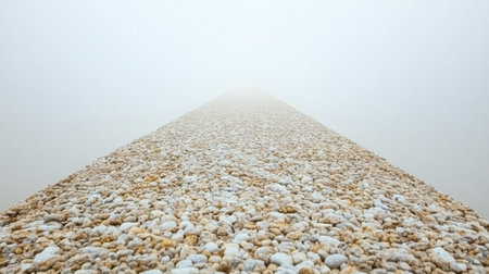 A mysterious pathway made of smooth stones disappears into a thick fog, evoking a tranquil atmosphere that invites introspection and exploration.の素材