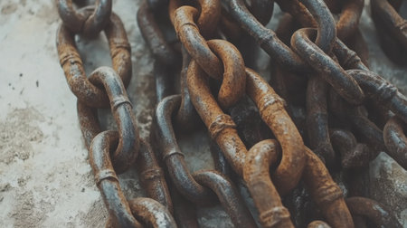 A close-up view of rusty metal chains, creating a textured background that represents strength and durability, perfect for industrial or construction themes.の素材