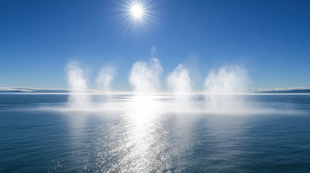A stunning ocean view showcasing bright sunlight shining over calm waters, creating a mystical mist effect that enhances nature's beauty.の素材