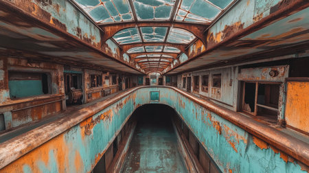 This image showcases the haunting beauty of a decaying structure, featuring rusted surfaces and remnants of history, perfect for exploring themes of neglect and abandonment.の素材