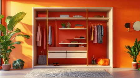 This vibrant wardrobe showcases a modern design with organized clothing, stylish accessories, and decorative plants against a bright orange wall. Perfect for inspiring interior spaces.の素材